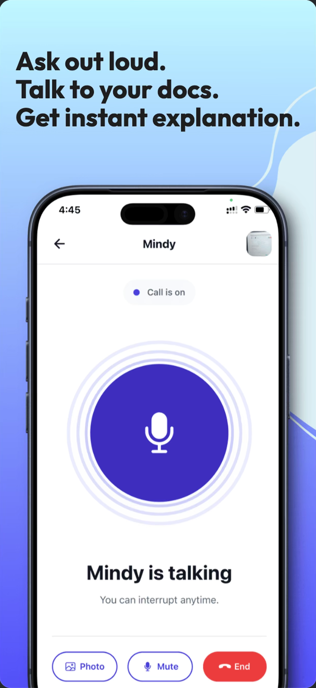 Show Mindy talking screen — ask out loud, talk to your docs